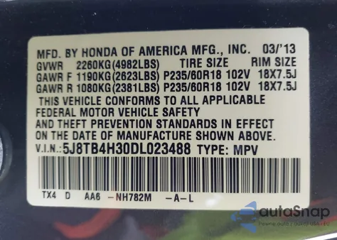 2013 Acura Rdx from USA, damaged, VIN 5J8TB4H30DL023488